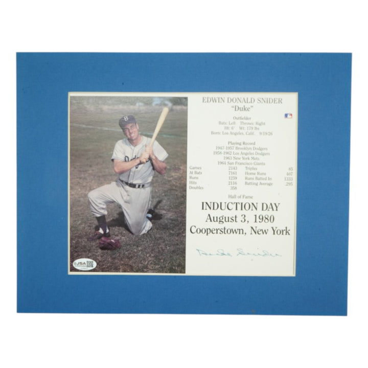 Duke Snider Brooklyn Dodgers Autographed Matted 7x9 Induction Day Card JSA COA