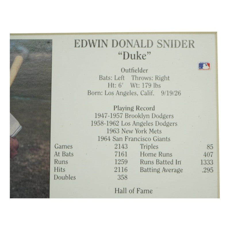 Duke Snider Brooklyn Dodgers Autographed Matted 7x9 Induction Day Card JSA COA