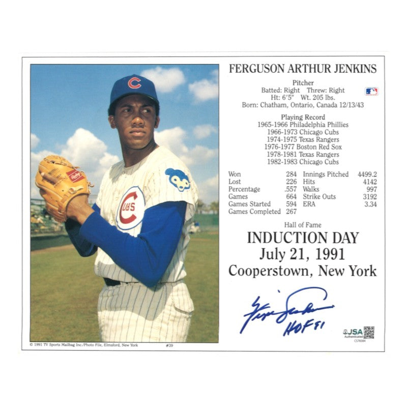 Fergie Jenkins Chicago Cubs Autographed Inscribed 8x10 Induction Day Card JSA COA
