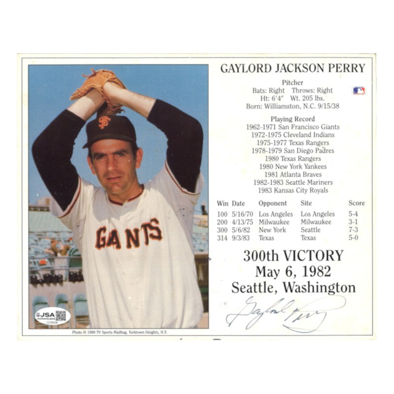 Gaylord Perry San Francisco Giants Autographed 8x10 300th Win Card JSA COA