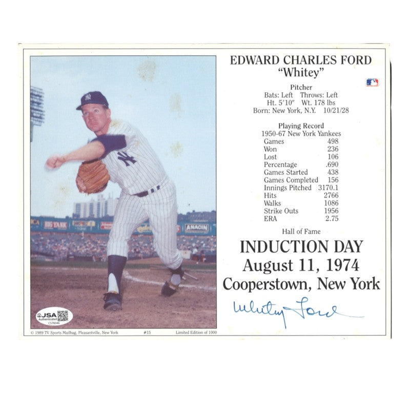 Whitey Ford New York Yankees Autographed 8x10 Induction Card JSA COA