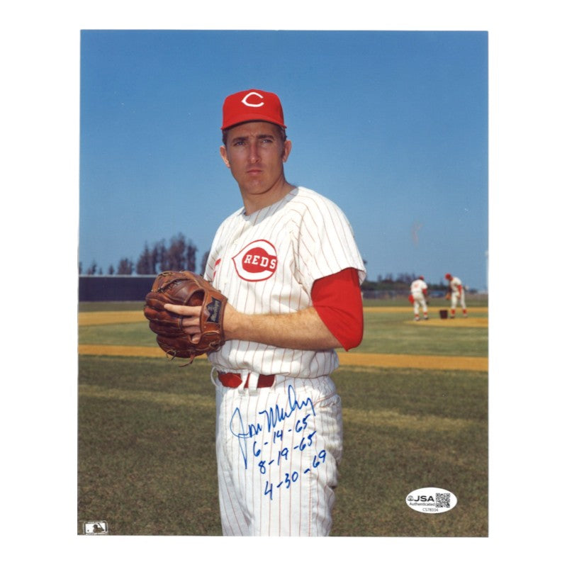Jim Maloney Cincinnati Reds Autographed Inscribed 8x10 Photo JSA COA