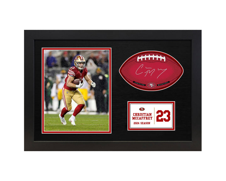 Christian McCaffrey San Francisco 49ers Signable With Players Facsimile Signature and Photo Display in a 15H x 22W x 0.75D High Quality Black Frame