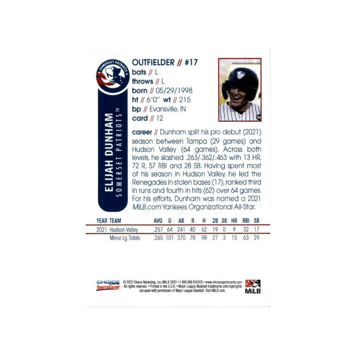 Elijah Dunham New York Yankees 2022 Choice Sports Cards Autographed MILB Somerset Patriots Trading Card