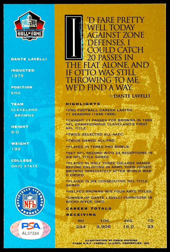 Dante Gluefingers Lavelli Cleveland Browns Signed 4x6 Hall of Fame Signature Series Card Inscribed HOF 1975 (PSA)