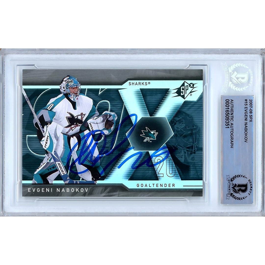 Evgeni Nabokov San Jose Sharks Signed 2007-08 SPx Hockey Card Beckett Auth Auto Slab