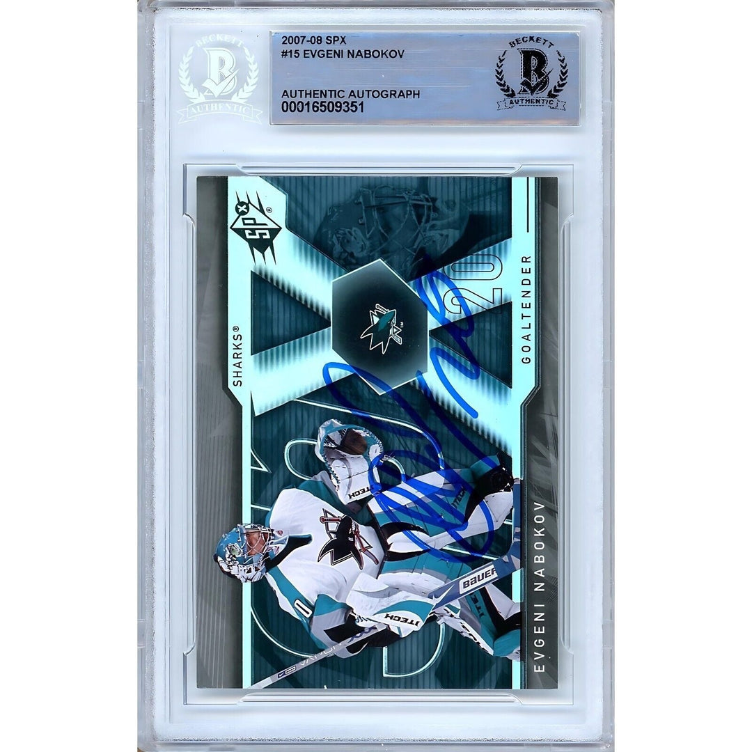 Evgeni Nabokov San Jose Sharks Signed 2007-08 SPx Hockey Card Beckett Auth Auto Slab