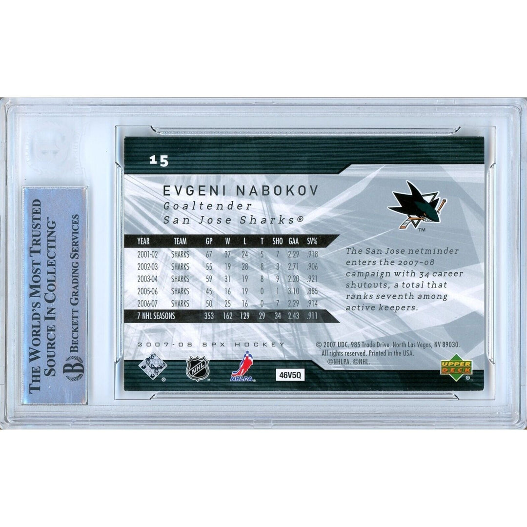 Evgeni Nabokov San Jose Sharks Signed 2007-08 SPx Hockey Card Beckett Auth Auto Slab