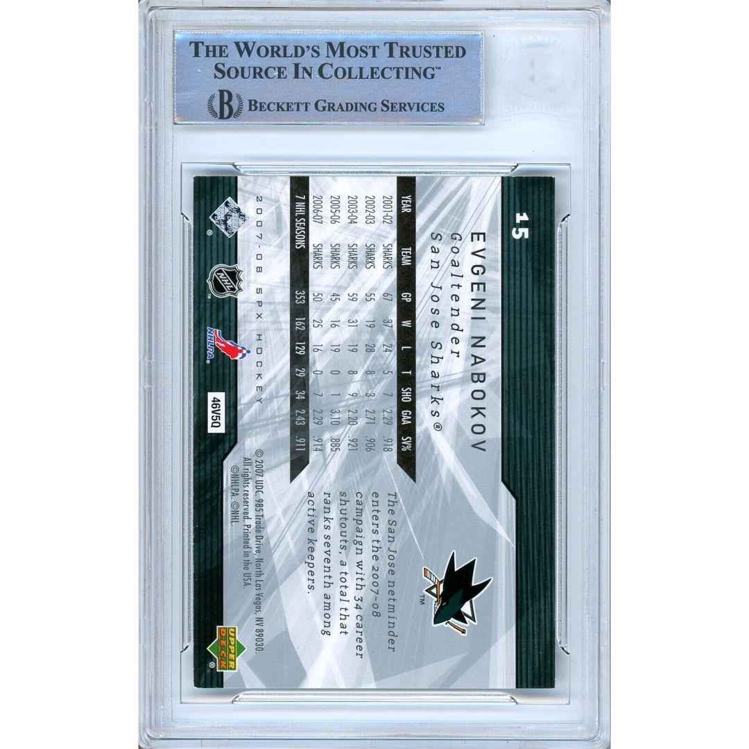 Evgeni Nabokov San Jose Sharks Signed 2007-08 SPx Hockey Card Beckett Auth Auto Slab