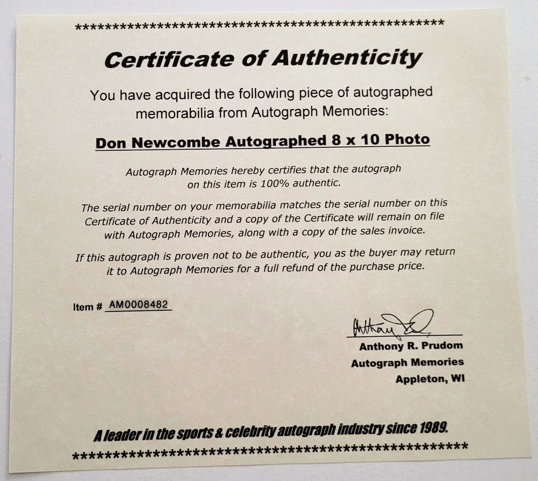 Don Newcombe Brooklyn Dodgers Signed Baseball and Bat 8x10 Photo (Autograph Memories)