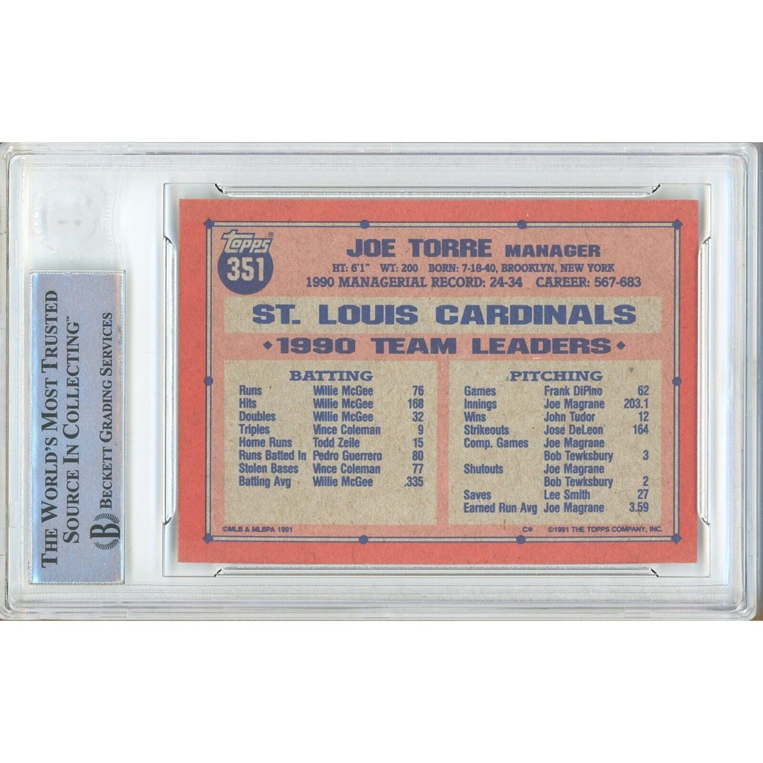 Joe Torre St Louis Cardinals Signed 1991 Topps Baseball Card BAS Auth Auto Slab HOF