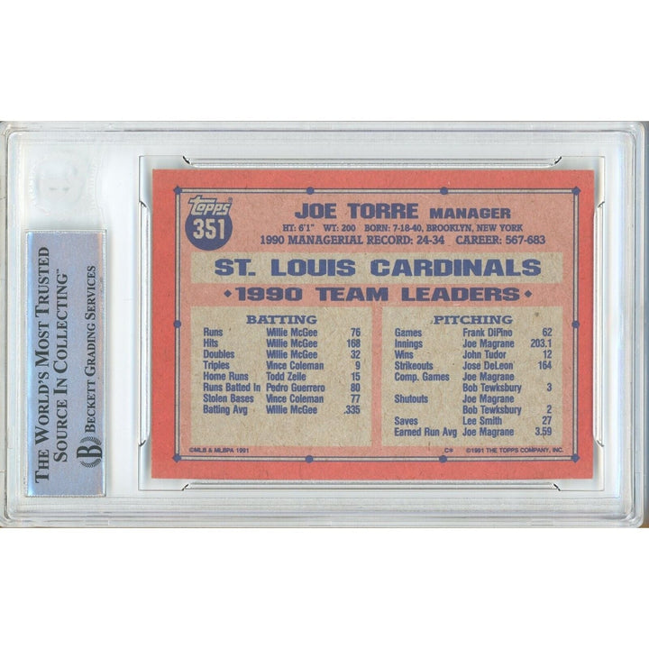Joe Torre St Louis Cardinals Signed 1991 Topps Baseball Card BAS Auth Auto Slab HOF