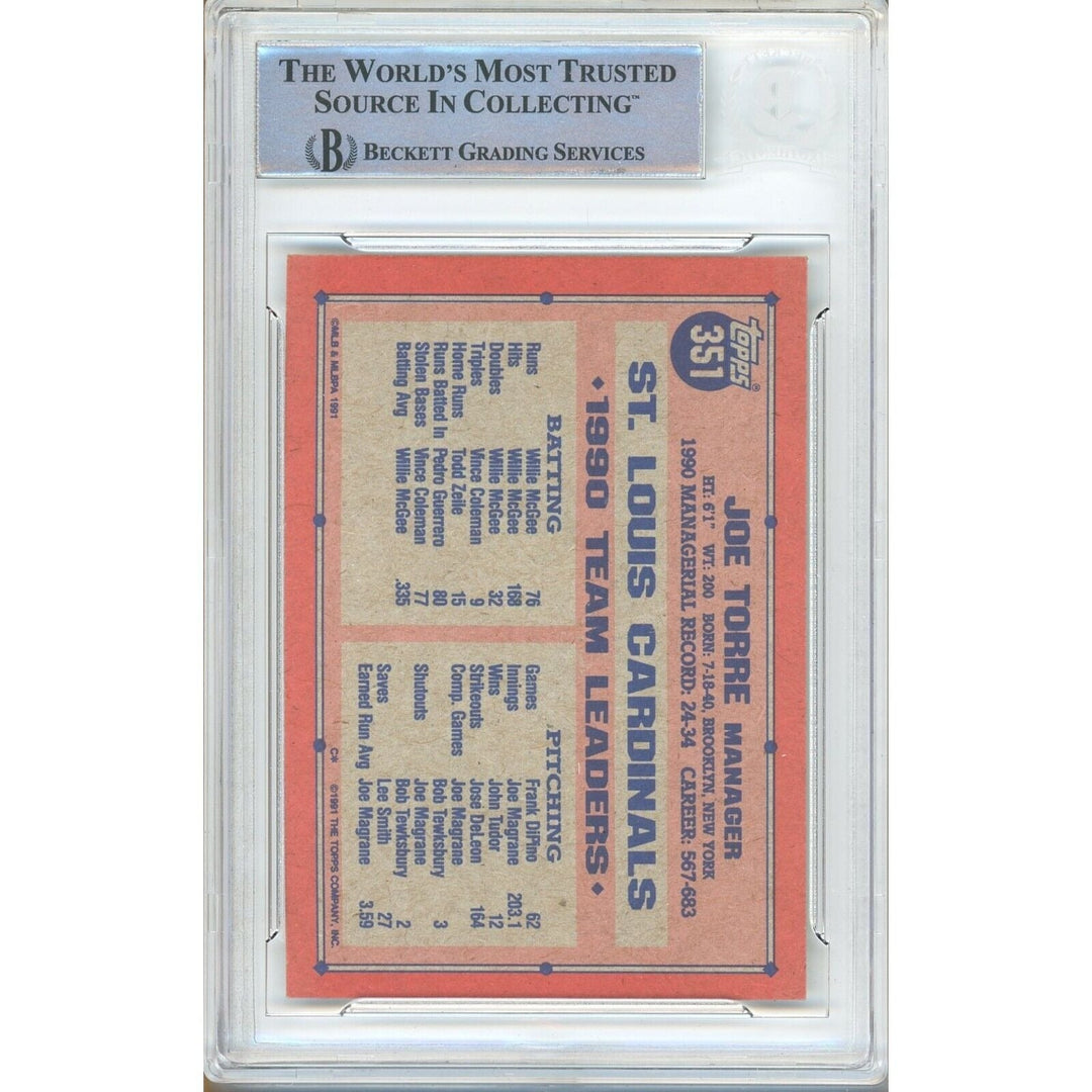 Joe Torre St Louis Cardinals Signed 1991 Topps Baseball Card BAS Auth Auto Slab HOF