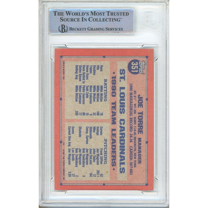 Joe Torre St Louis Cardinals Signed 1991 Topps Baseball Card BAS Auth Auto Slab HOF