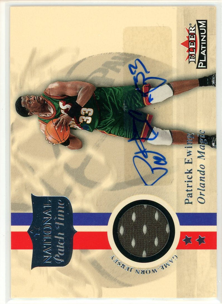 2001 Fleer Platinum National Patch Time Game Worn Patrick Ewing Signed Sticker Auto