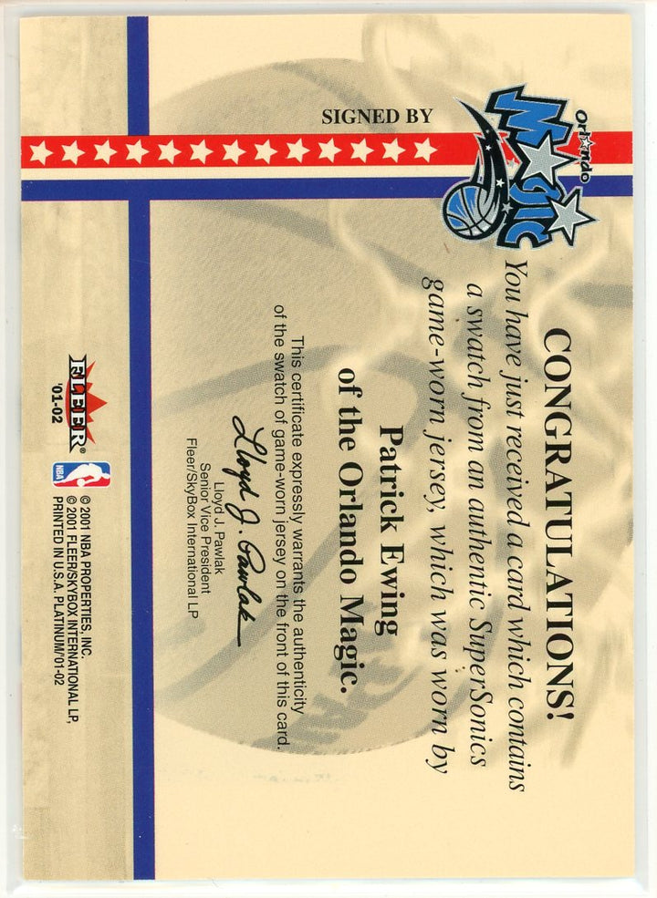 2001 Fleer Platinum National Patch Time Game Worn Patrick Ewing Signed Sticker Auto
