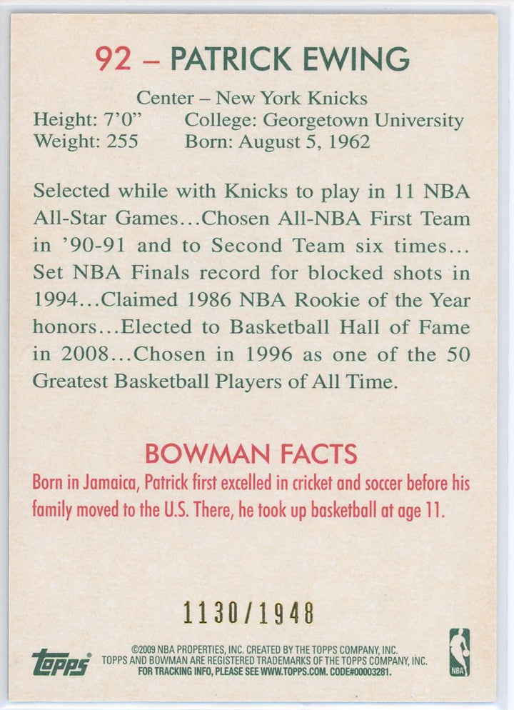 2009 Bowman Patrick Ewing Blue Parallel Card Signed Sticker Auto