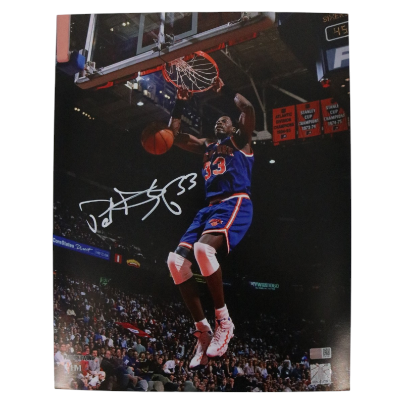 Patrick Ewing New York Knicks Autographed Blue Jersey Dunk 11x14 Photograph CX Auth