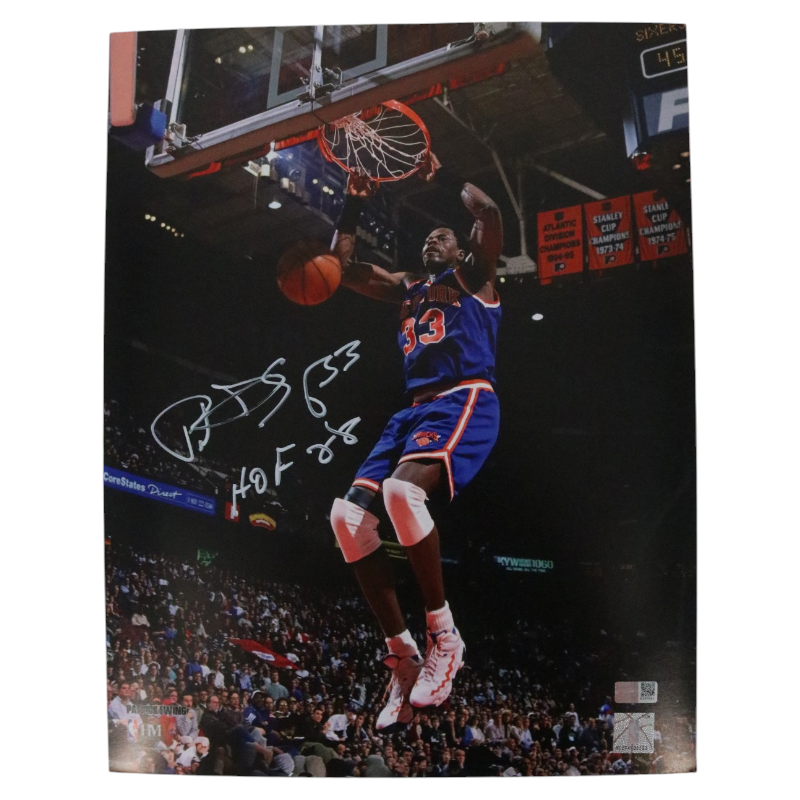 Patrick Ewing New York Knicks Autographed Inscribed HOF 08 Blue Jersey Dunk 11x14 Photograph CX Auth