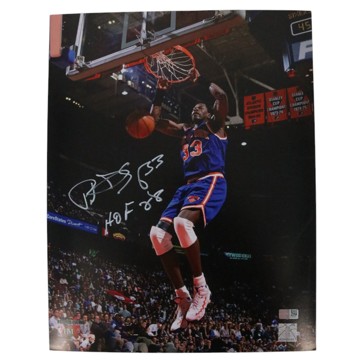 Patrick Ewing New York Knicks Autographed Inscribed HOF 08 Blue Jersey Dunk 11x14 Photograph CX Auth