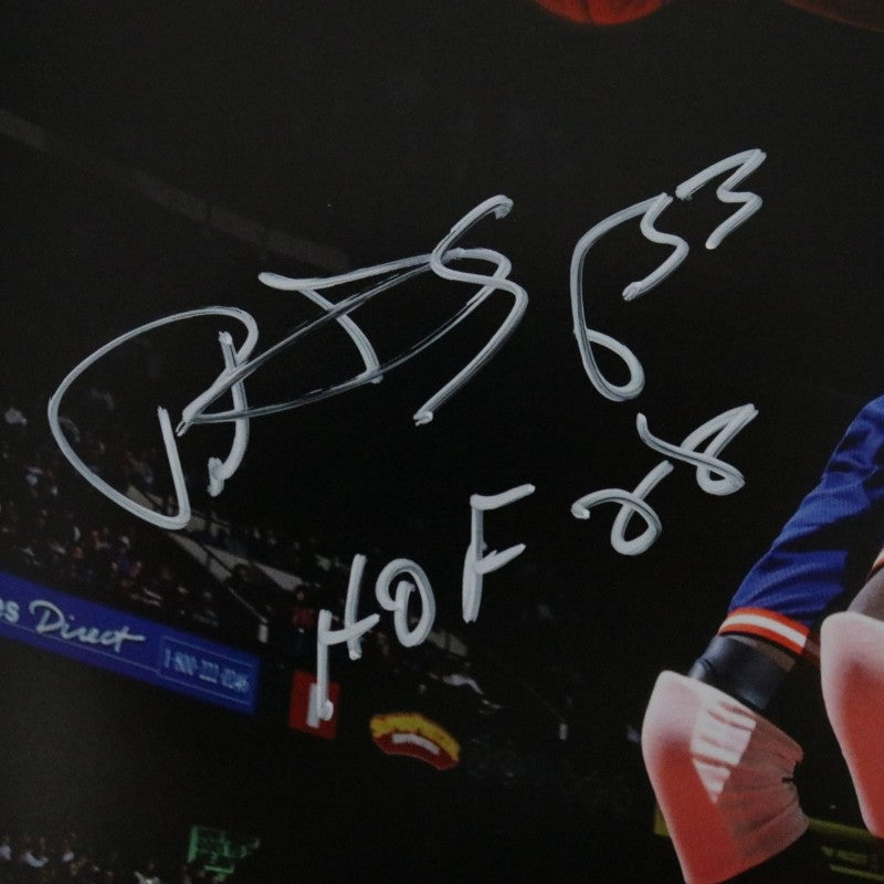Patrick Ewing New York Knicks Autographed Inscribed HOF 08 Blue Jersey Dunk 11x14 Photograph CX Auth