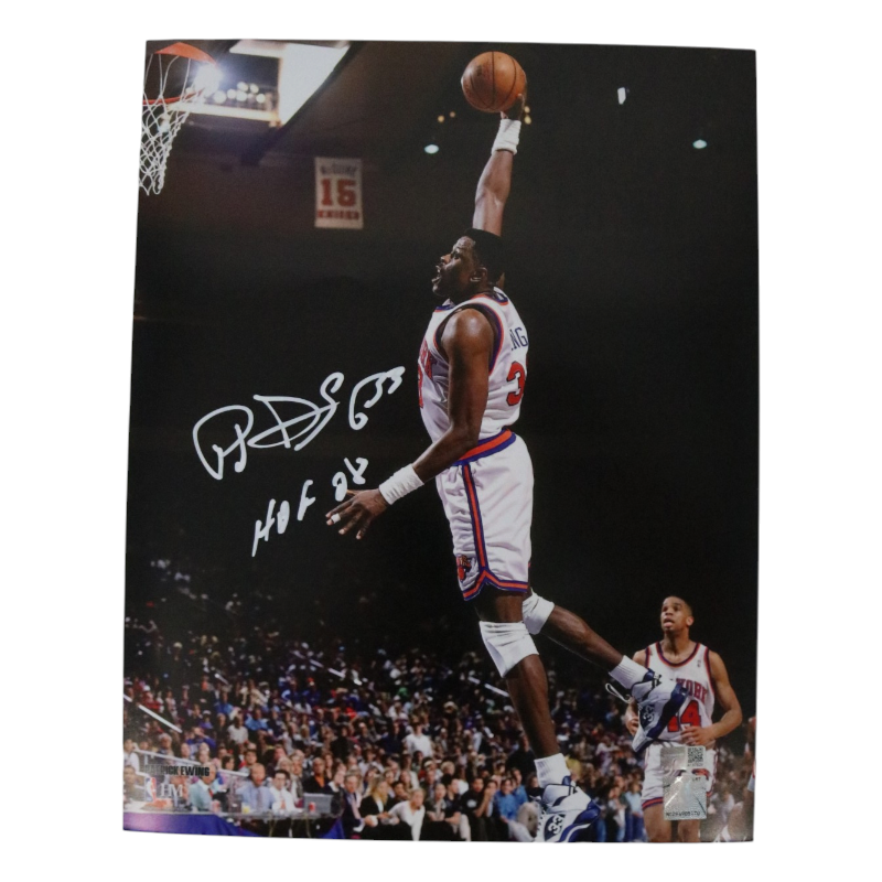 Patrick Ewing New York Knicks Autographed Inscribed HOF 08 White Jersey Dunk 11x14 Photograph CX Auth