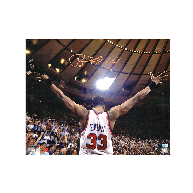 Patrick Ewing New York Knicks Autographed In Orange 16x20 Arms Out Facing Crowd Photo (CX Auth)