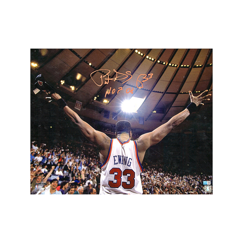Patrick Ewing New York Knicks Autographed Signed and Inscribed "HOF 08" In Orange 16x20 Arms Out Facing Crowd Photo (CX Auth)
