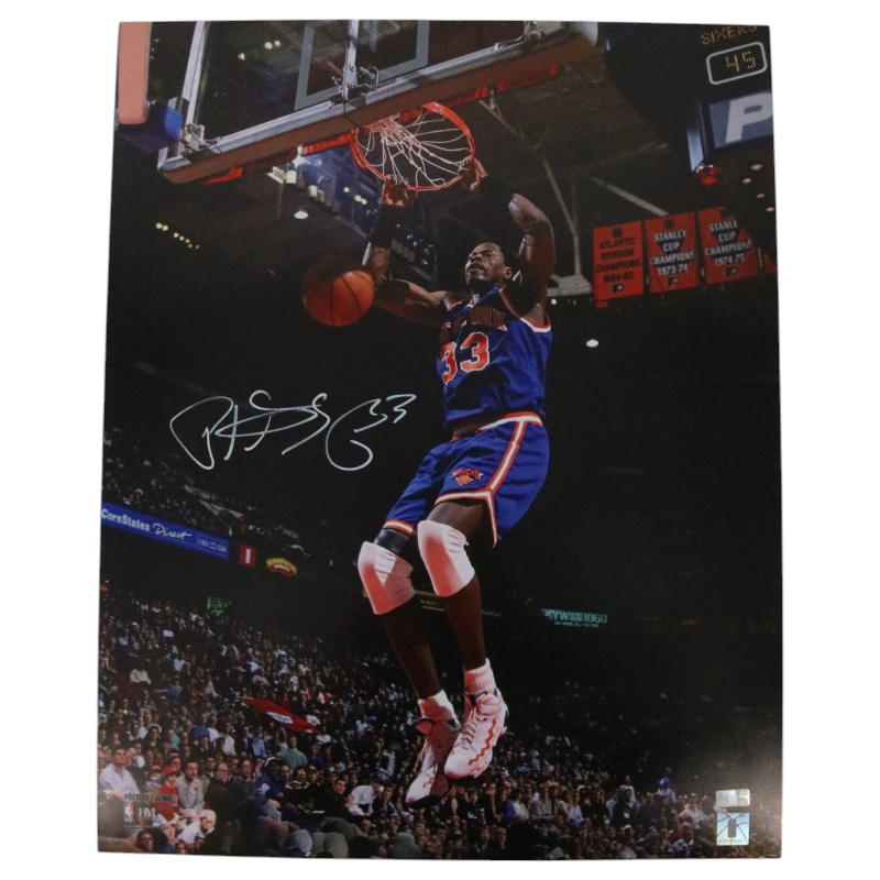 Patrick Ewing New York Knicks Autographed Blue Jersey Dunk 16x20 Photograph CX Auth