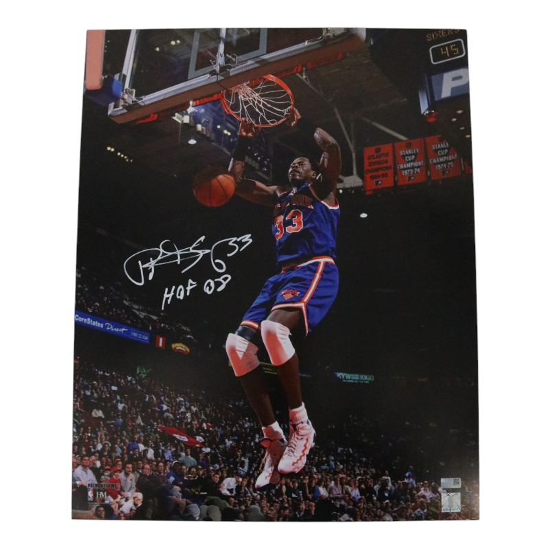 Patrick Ewing New York Knicks Autographed Inscribed HOF 08 Blue Jersey Dunk 16x20 Photograph CX Auth
