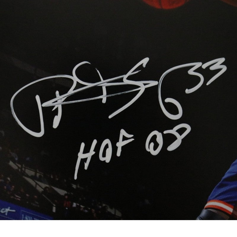 Patrick Ewing New York Knicks Autographed Inscribed HOF 08 Blue Jersey Dunk 16x20 Photograph CX Auth