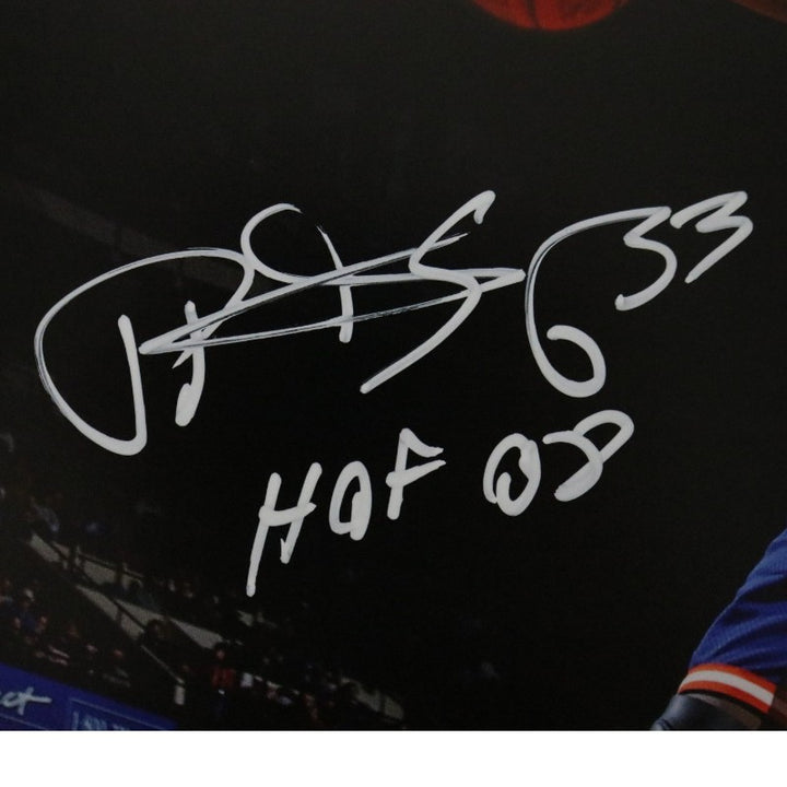 Patrick Ewing New York Knicks Autographed Inscribed HOF 08 Blue Jersey Dunk 16x20 Photograph CX Auth