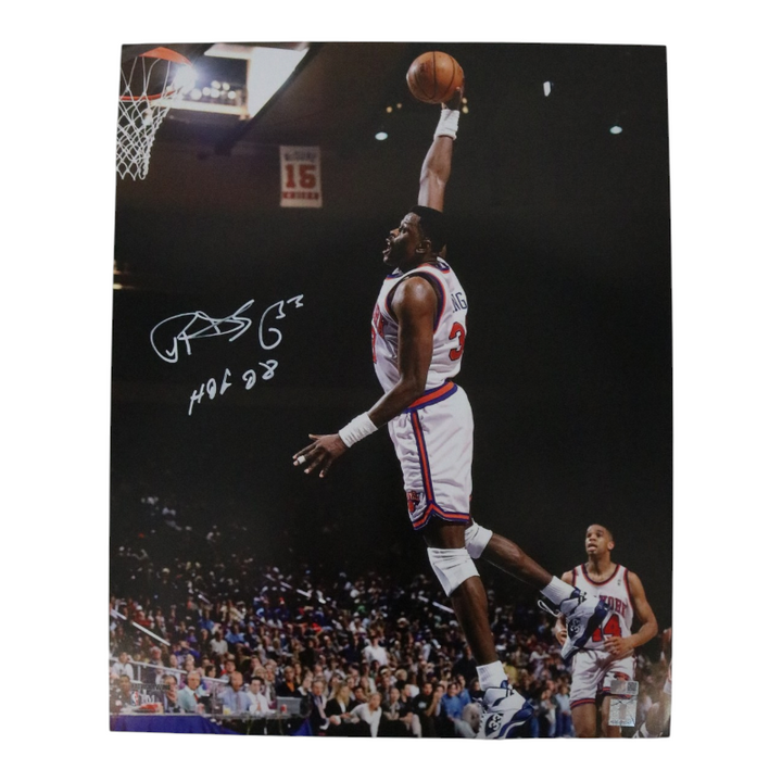 Patrick Ewing New York Knicks Autographed Inscribed HOF 08 White Jersey Dunk 16x20 Photograph CX Auth