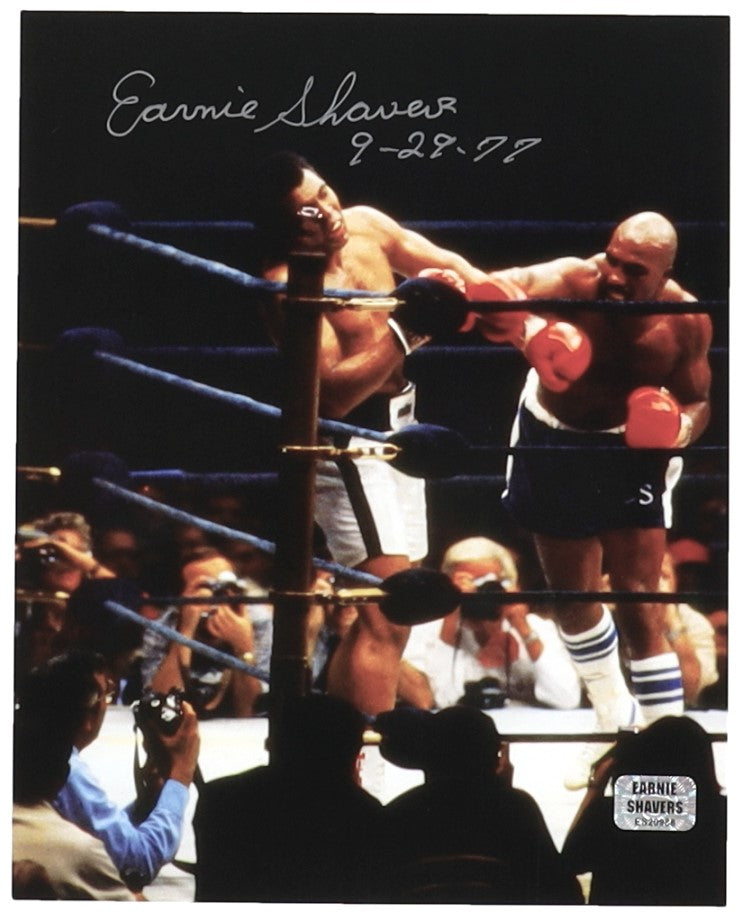 Earnie Shavers Heavyweight Champion Boxer Signed 8x10 Shavers vs Muhammad Ali  Photo Inscribed 9-29-77 (Shavers Hologram)