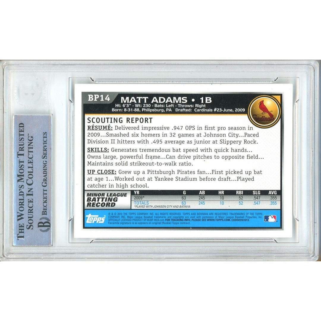 Matt Adams St Louis Cardinals Signed 2010 Bowman Prospects Card BAS Auth Auto Slab RC