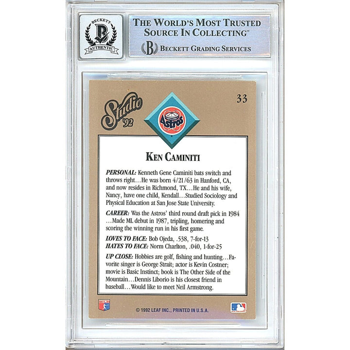 Ken Caminiti Houston Astros Signed 1992 Donruss Studio Card BGS Auto 10 Graded Slab