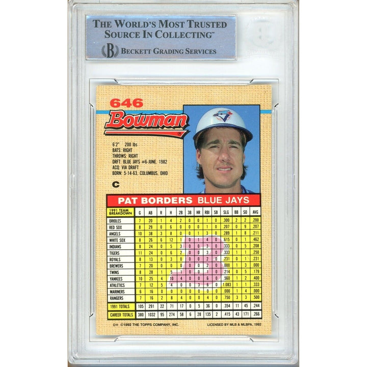 Pat Borders Toronto Blue Jays Signed 1992 Bowman Baseball Card Beckett Auth Auto Slab
