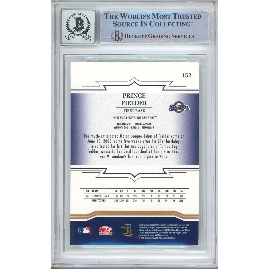 Prince Fielder Milwaukee Brewers Signed 2005 Throwback Threads Card BGS Auto 10 Graded