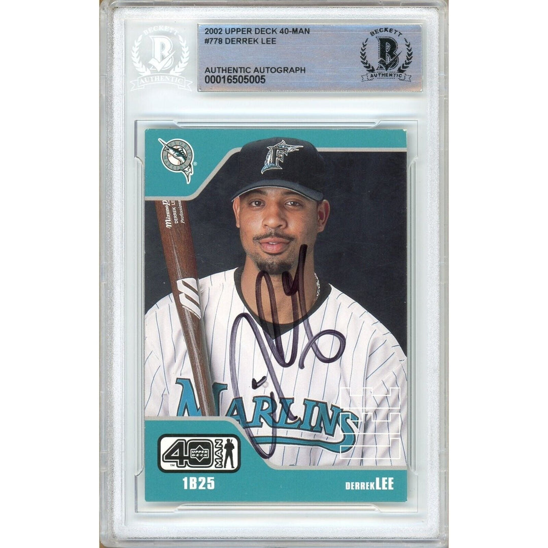 Derrek Lee Miami Marlins Signed 2002 Upper Deck 40-Man Card Beckett Auth Auto Slab