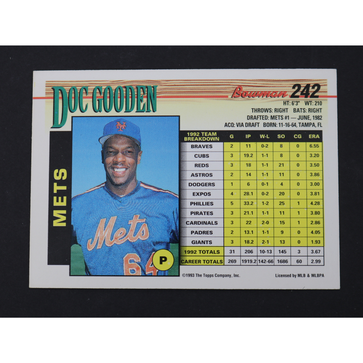 Dwight Doc Gooden New York Mets Autographed Inscribed 1993 Bowman #242 CX Auth