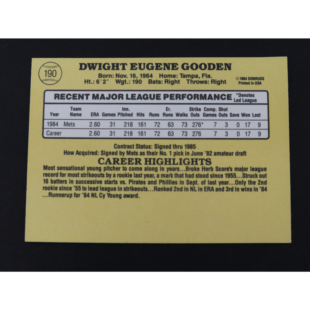 Dwight Doc Gooden New York Mets Autographed Inscribed 1985 Donruss #190 CX Auth