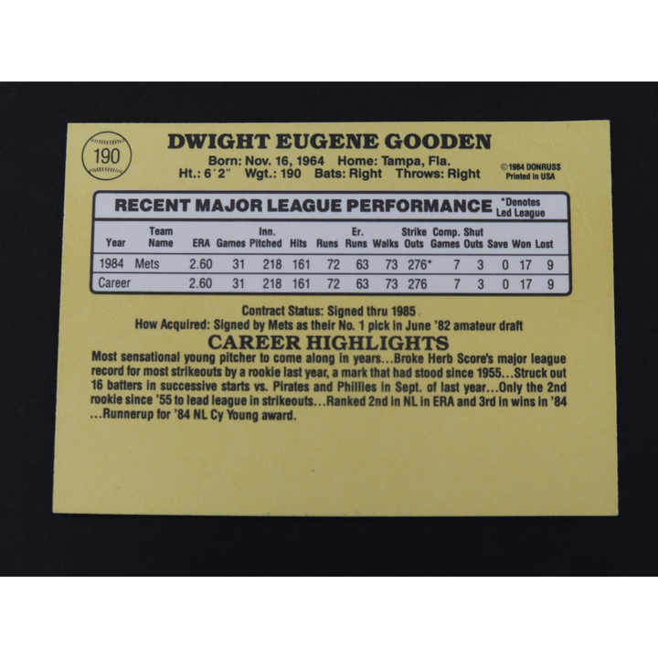 Dwight Doc Gooden New York Mets Autographed Inscribed 1985 Donruss #190 CX Auth