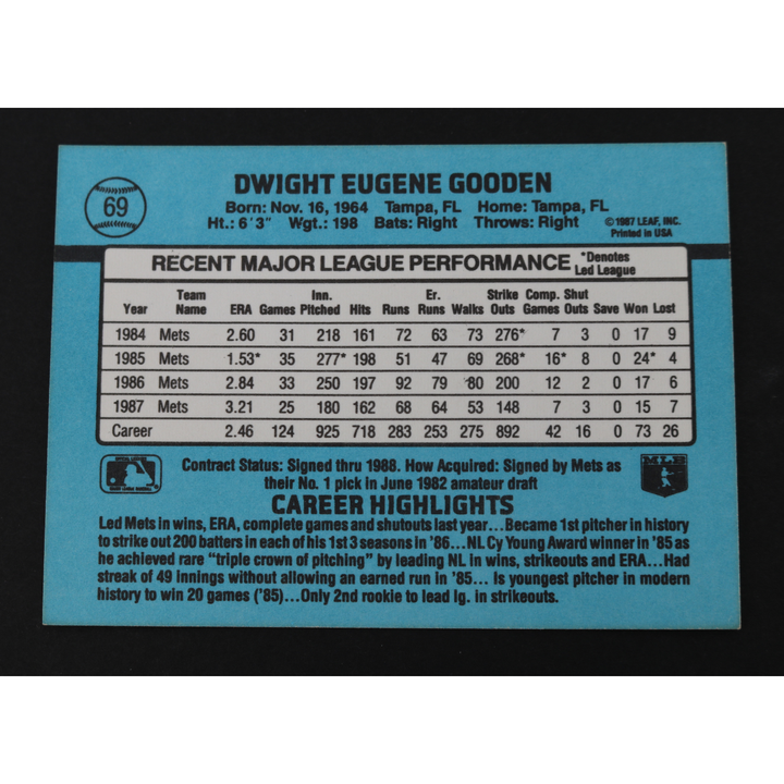 Dwight Doc Gooden New York Mets Autographed Inscribed 1988 Donruss #69 CX Auth