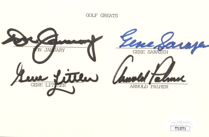 Golf Greats 4x6 Index Card Signed By (4) with Arnold Palmer, Don January, Gene Littler & Gene Sarazen in a 4x6 Black Frame(JSA)