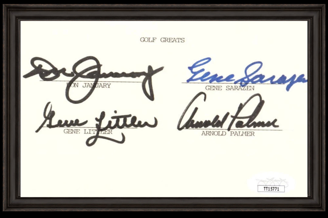 Golf Greats 4x6 Index Card Signed By (4) with Arnold Palmer, Don January, Gene Littler & Gene Sarazen in a 4x6 Black Frame(JSA)