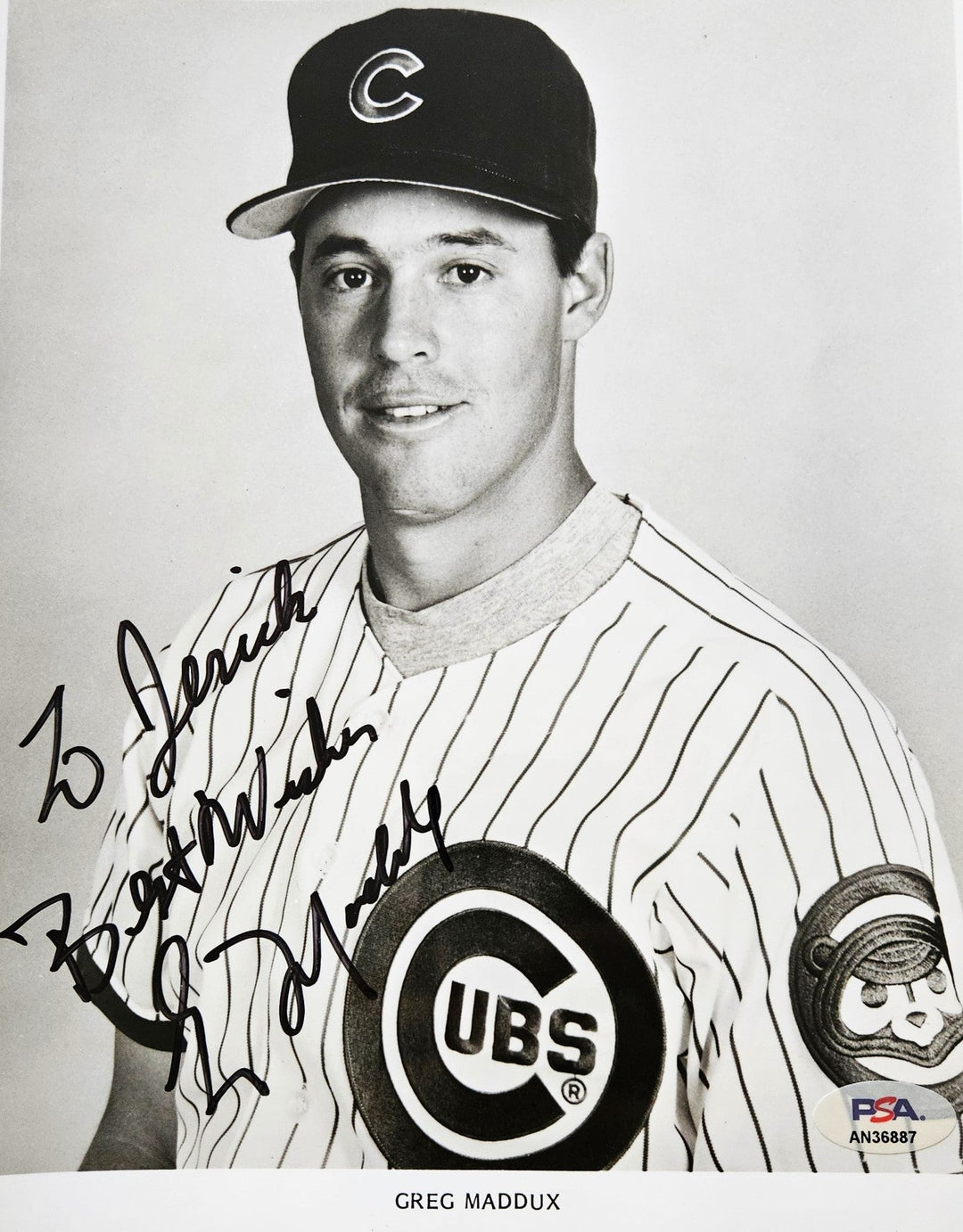 Greg Maddux Chicago Cubs and Hall of Famer Signed & Personalized to Derrick, Best Wishes 8x10 Photo (PSA Hologram)-