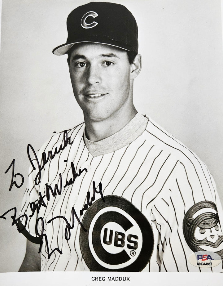 Greg Maddux Chicago Cubs and Hall of Famer Signed & Personalized to Derrick, Best Wishes 8x10 Photo (PSA Hologram)-