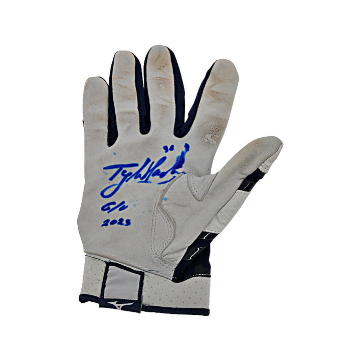 Tyler Hardman New York Yankees Autographed & Inscribed "GU 2023" Right Game Used AA Mizuno White/Blue Batting Glove