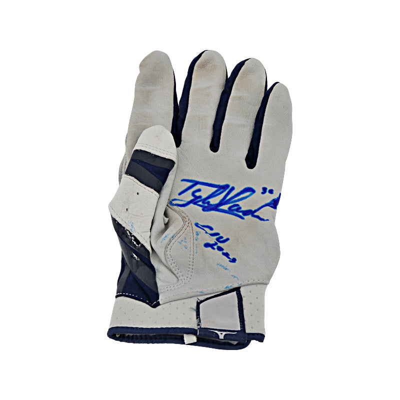 Tyler Hardman New York Yankees Autographed & Inscribed "GU 2023" Left Game Used AA Mizuno White/Blue Batting Glove