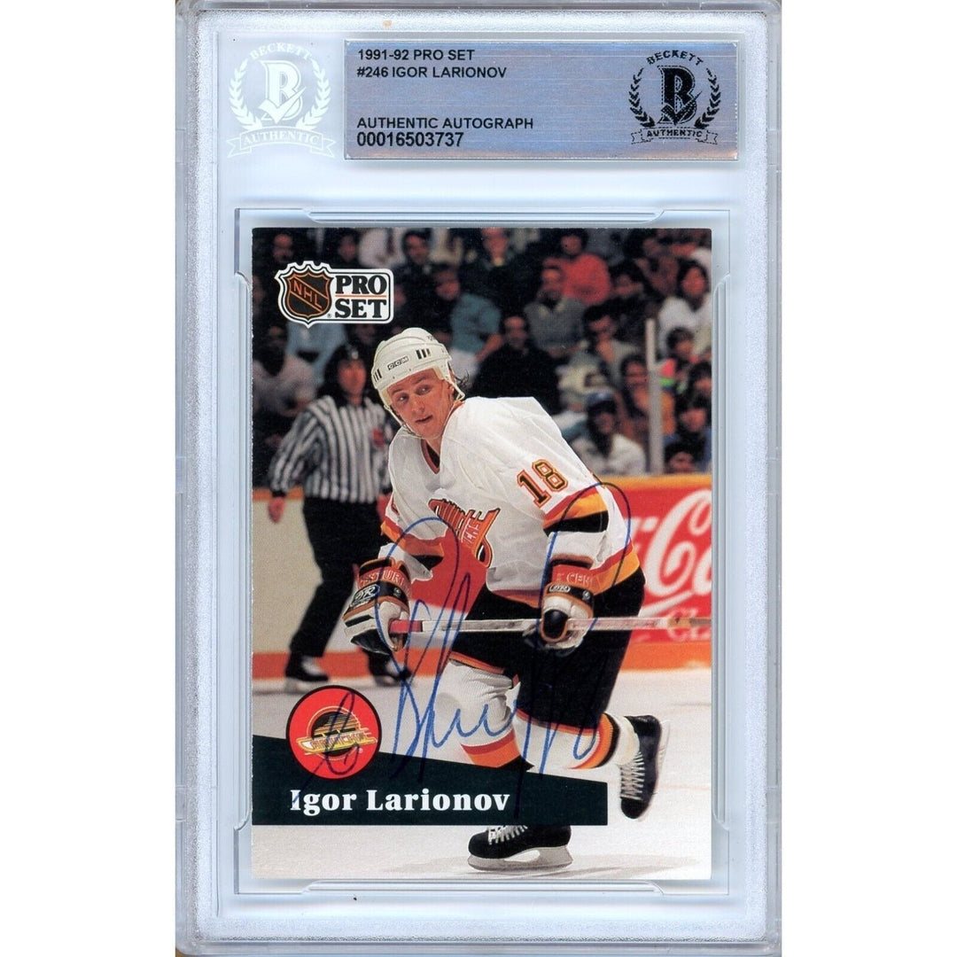 Igor Larionov Vancouver Canucks Signed 1991-92 Pro Set Hockey Card BAS Auth Auto Slab